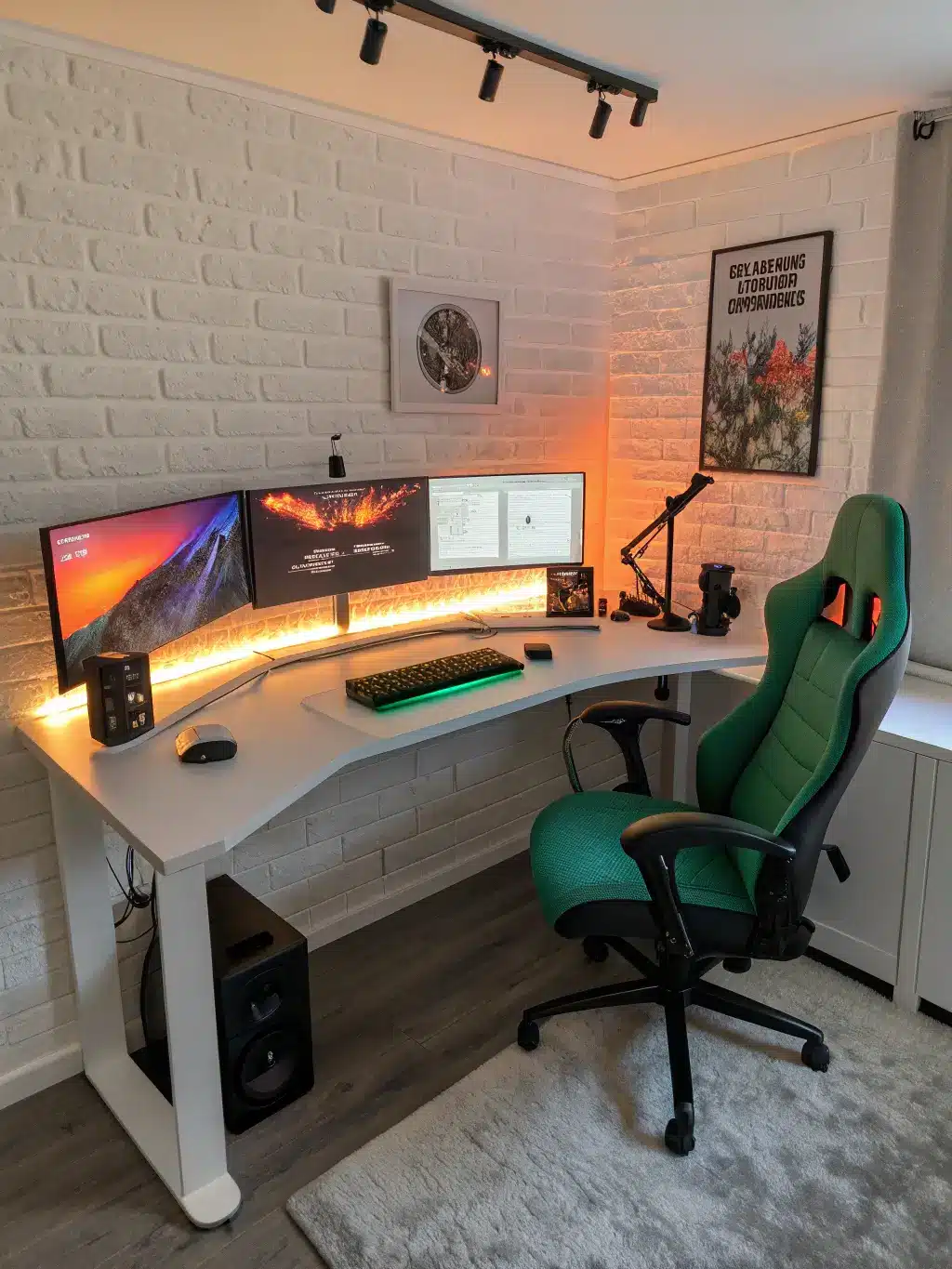 Low-angle shot of a cozy 12x14ft streamer's corner setup, featuring white oak gaming desk with triple monitors, professional microphone, plush emerald green gaming chair, neon game artwork on white brick wall, with warm sunset LED glow.