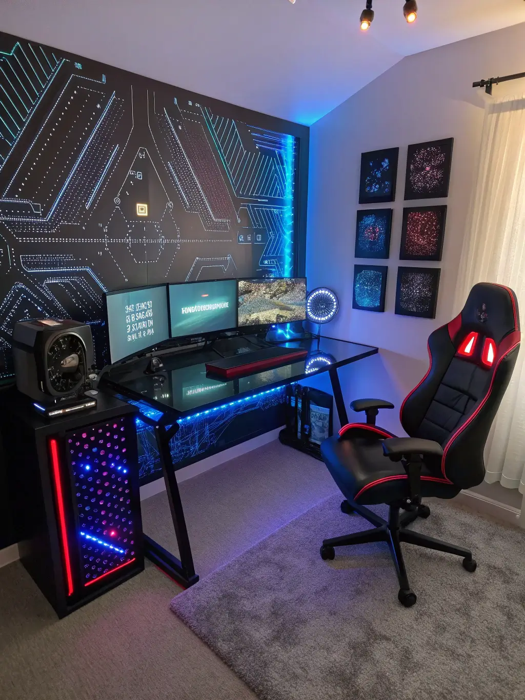 Aerial view of a 10x12ft cyberpunk-themed gaming sanctuary at twilight, featuring a glass and matte black desk with glowing blue edges, a floating monitor array with a holographic backdrop, a high-tech gaming chair with red lighting and walls adorned with dynamic LED matrix panels and geometric metal wall art.