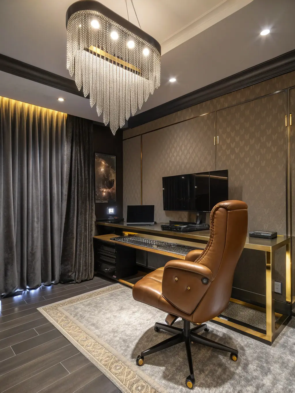 Luxurious gaming suite with afternoon lighting featuring a glass and gold desk with leather accents, a high-end cognac brown leather gaming chair, reflected crystal chandelier light off glossy black monitors, with velvet curtains and metallic wallpaper.