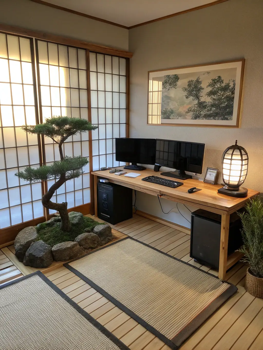 Traditional Japanese Zen gaming space at sunrise featuring a bamboo desk, rock garden, bonsai tree and shoji screen backdrop with katana display.