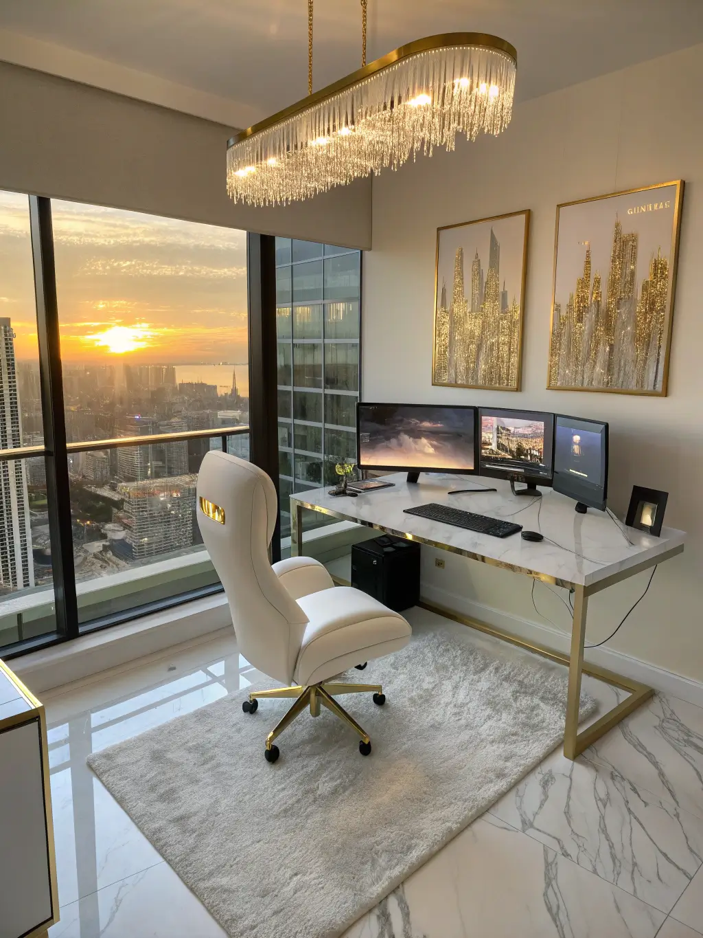 Luxurious modern gaming penthouse at sunset with triple 4K displays on desk, white/gold PC build, white leather chair, gold-framed abstract art, crystal chandelier, marble floor, plush rug, and city view through floor-to-ceiling windows.