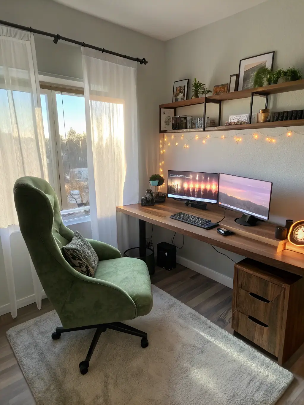 Sunny 12x14ft gaming room with walnut L-shaped desk, sage green velvet gaming chair, floating shelves with collector's editions, 34-inch central curved monitor, white curtains, purple underglow, and cozy elements like a cream blanket and snake plants.