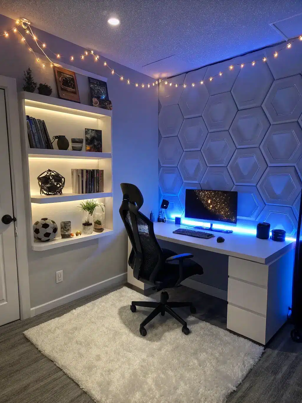 Low angle view of a minimalist gaming nook with blue LED lighting, geometric wall panels, hexagonal shelves with gaming memorabilia, and a starry ceiling effect created by copper wire lights.