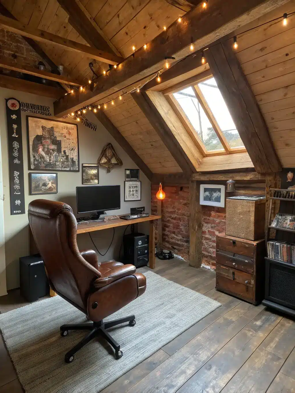 Morning light illuminating a cozy converted attic gaming space with rustic industrial furniture, a cognac brown leather chair, vintage posters, fairylights on wooden beams and skylight.