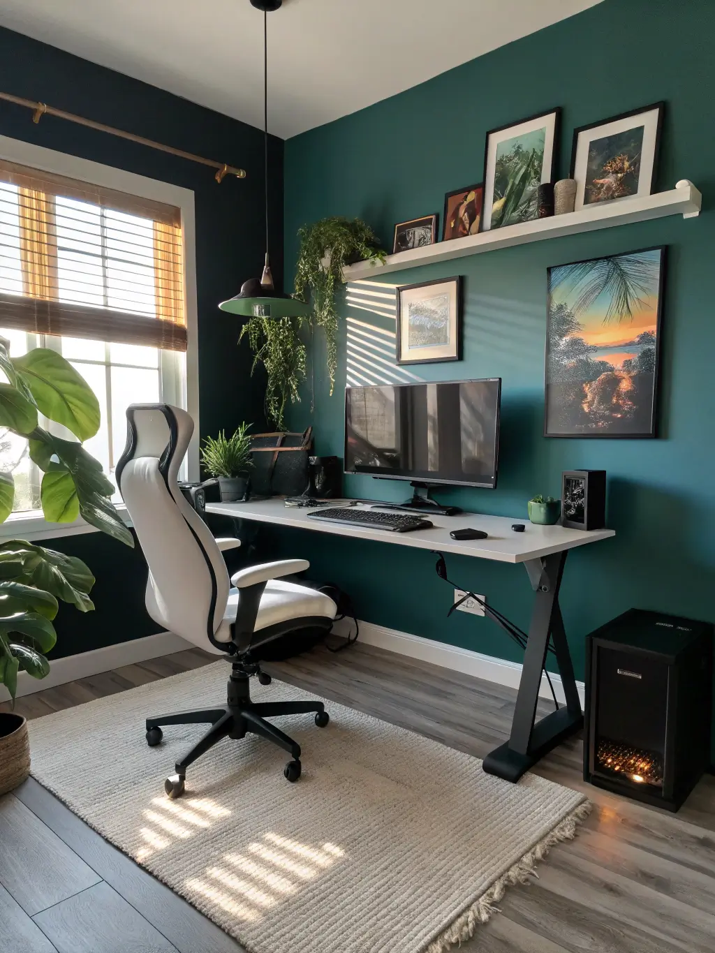 Modern gaming sanctuary with floating black desk, teal accent wall, bamboo blinds, gallery wall of minimalist gaming art, monstera plants, and LED backlighting, shot on Fujifilm X-T4