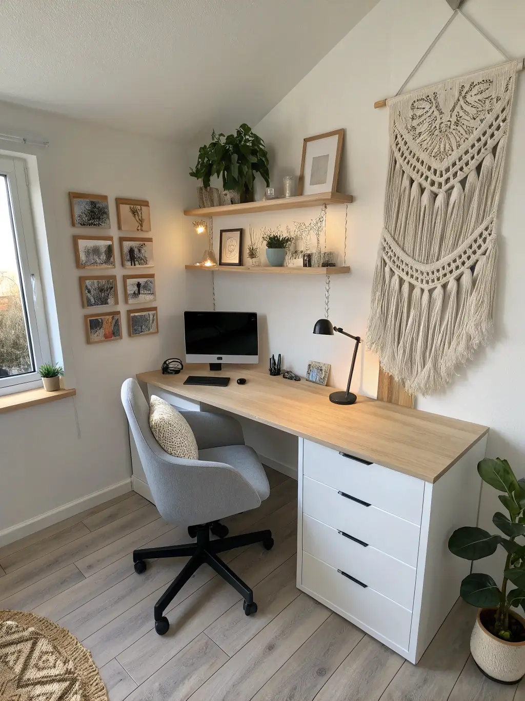 High-angle view of a compact Scandinavian-inspired gaming corner with white walls, oak flooring, custom birch desk, grey mesh chair, and floating shelving with natural wood accessories, illuminated by diffused daylight and a warm desk lamp.