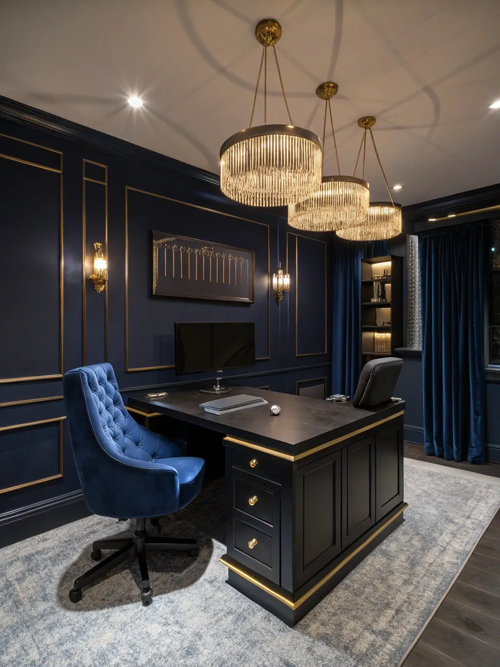 Dramatic evening shot of a luxurious 14x16ft gaming den with dark navy walls, brass accents, and aurora-like LED lights, featuring a massive ebony executive gaming desk and midnight blue velvet gaming chair.