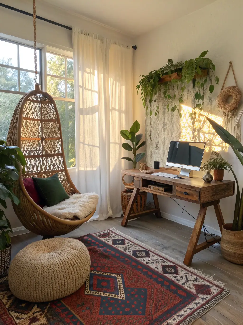 Bohemian-style gaming retreat with natural textures and earthy tones, featuring a reclaimed wood desk, rattan peacock chair, hanging plants, and Moroccan floor poufs.