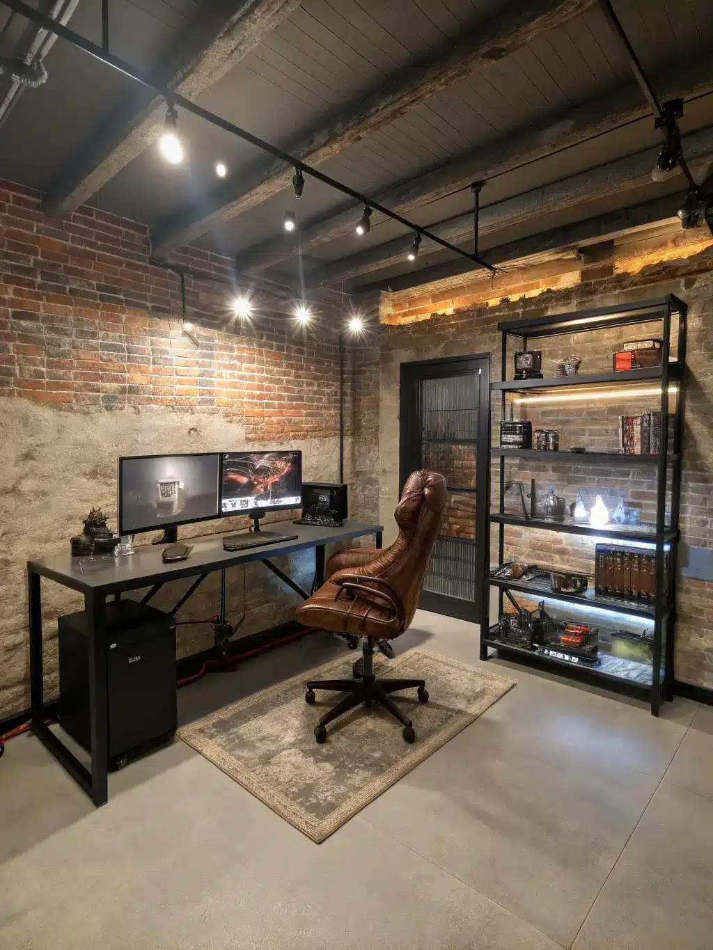 Urban-style industrial gaming loft with exposed brick walls, concrete features, track lighting, triple monitor setup on black steel-frame desk with glass-top, distressed brown leather gaming chair, and collectibles displayed on metal shelving.
