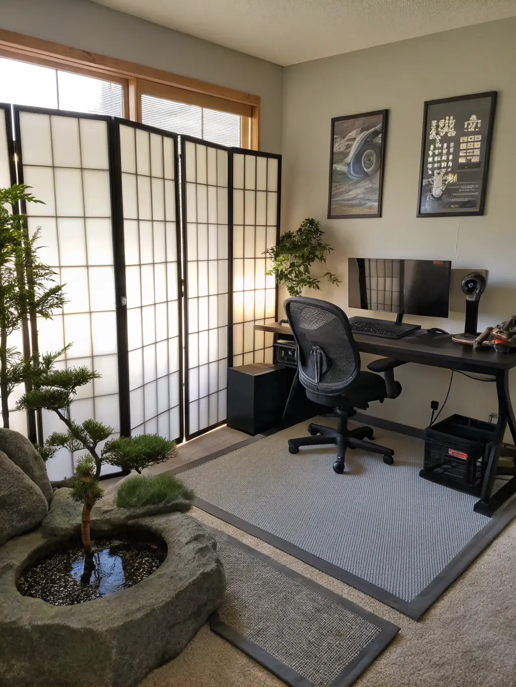 Zen-inspired cozy 11x13ft gaming space showcasing a low-profile black desk, charcoal grey ergonomic chair, shoji screen room divider, bonsai plants and minimalist art decoration, with dawn light casting subtle shadows through rice paper screens.