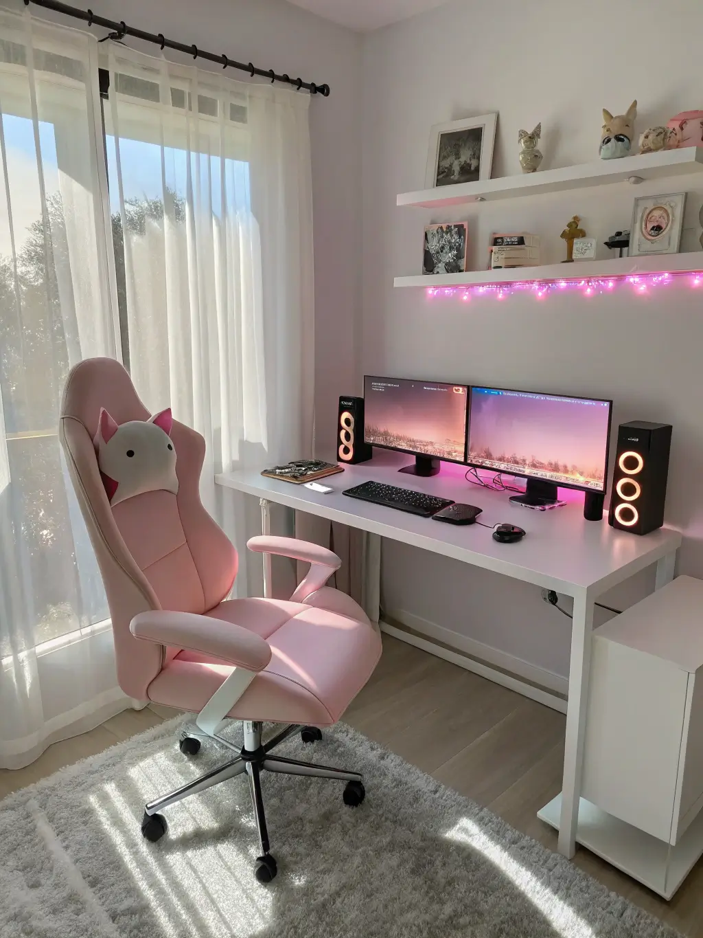Modern gaming room with pastel pink cat ear gaming chair, white desk, dual monitors with RGB backlighting, rose gold mechanical keyboard and mouse on pink mousepad, and shelves with collectibles, bathed in late afternoon sunlight through white curtains.