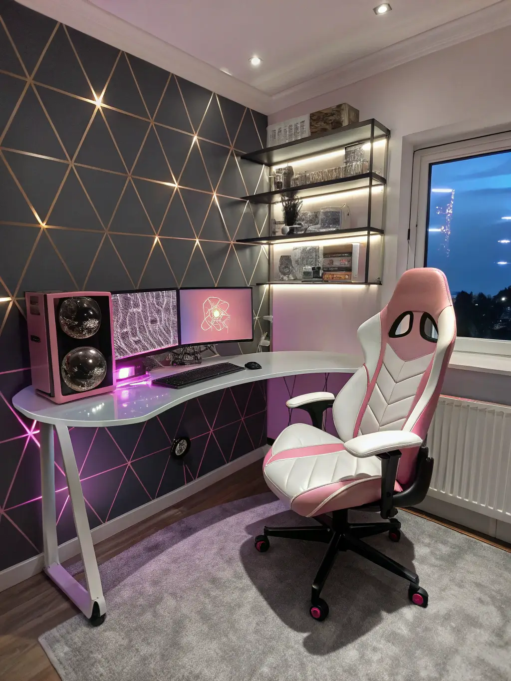 Modern gaming room at dusk with pink and white gaming chair, curved glass desk, pink water-cooled PC inside a tempered glass case, geometric Nanoleaf panels on a dark accent wall, and floating shelves with pink and rose gold gaming memorabilia, shot from a corner for symmetry emphasis.