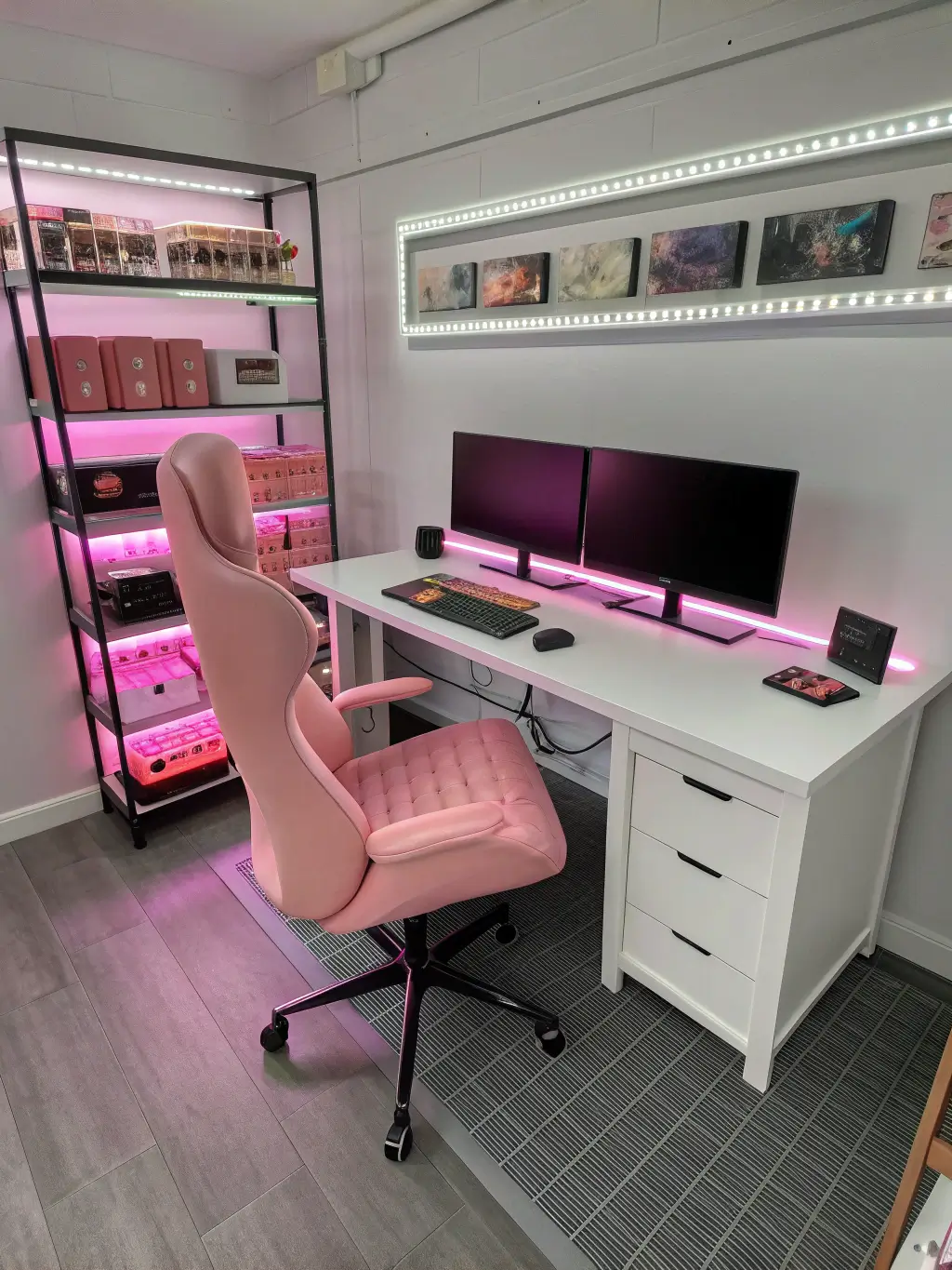 Overhead view of a 12x14ft retro-modern gaming room featuring a pink vintage gaming chair, modern white desk with dual monitors, and a collection of pink gaming consoles on industrial shelving, illuminated by artificial lighting and an infinity mirror effect LED strip.