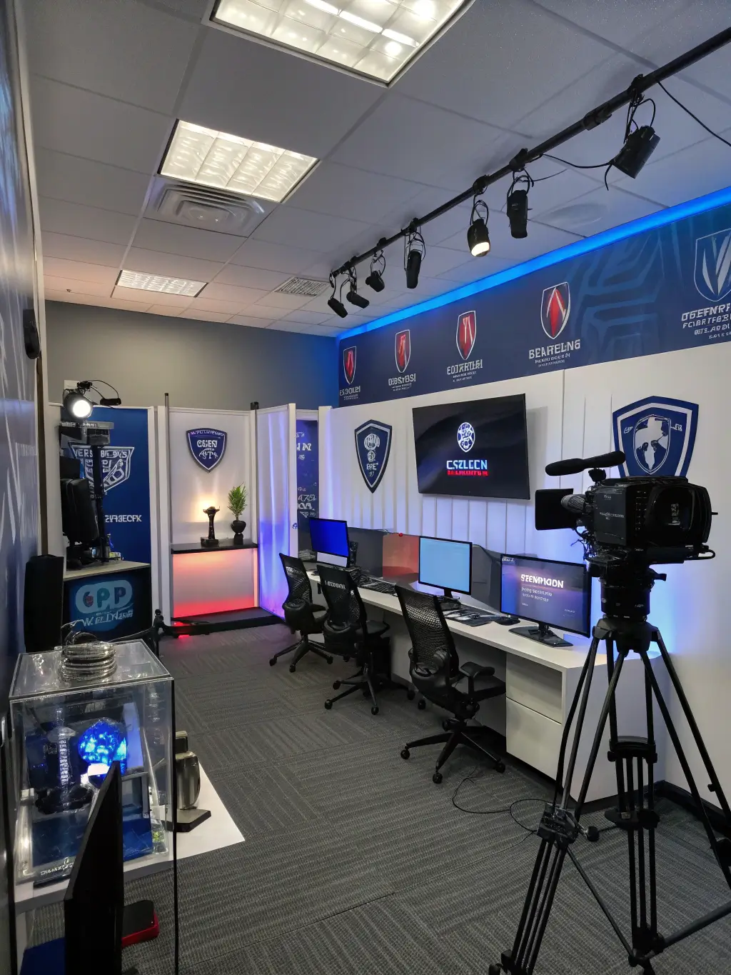 Professional esports training room featuring tournament-grade equipment, team branding decor, trophy display case with spotlight, and carefully positioned cameras for streaming, highlighted by cool white lighting with team color accents, captured from a commentator's view.