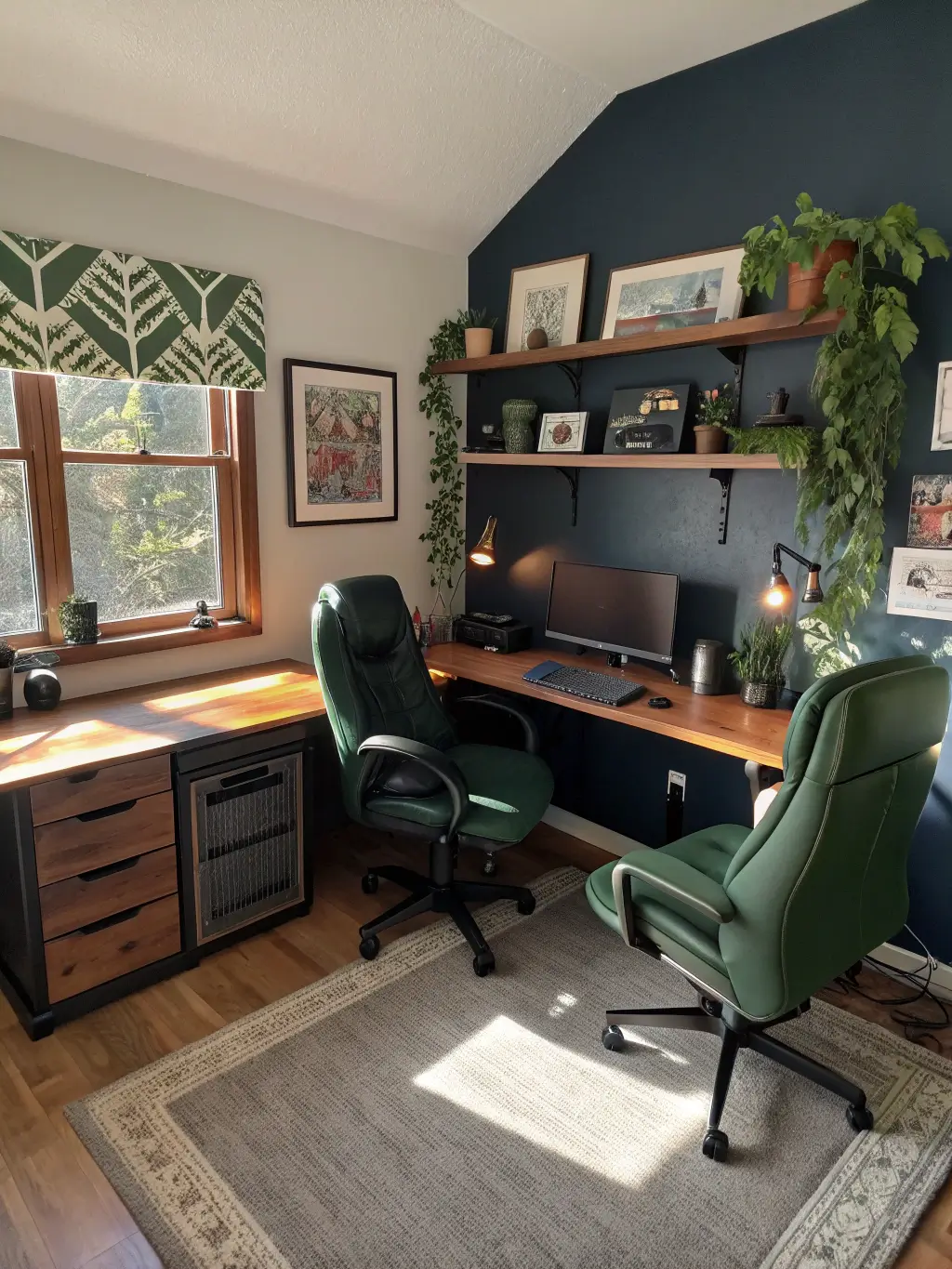 Cozy gaming nook with cherry wood desks, forest green gaming chairs, retro gaming memorabilia on floating shelves against a navy wall, macramé plant hangers and LED backlighting.