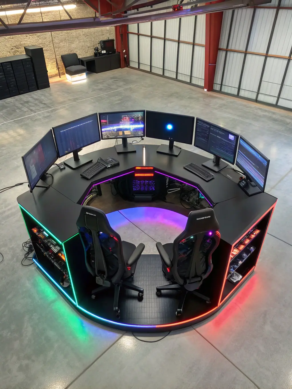 Overhead view of a futuristic gaming pod with color-changing smart lighting, black high-gloss curved desk, hovering monitors, gaming chairs with built-in speakers and LED details, set in a room with metallic wallpaper.