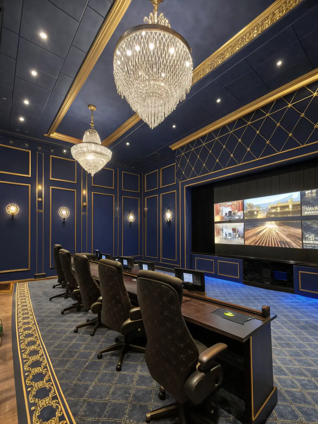 Luxurious 20x24ft gaming theatre with midnight blue walls, gold accents, large curved screens mounted above walnut desks, gaming chairs upholstered in midnight velvet, a crystal chandelier, and LED underlighting.