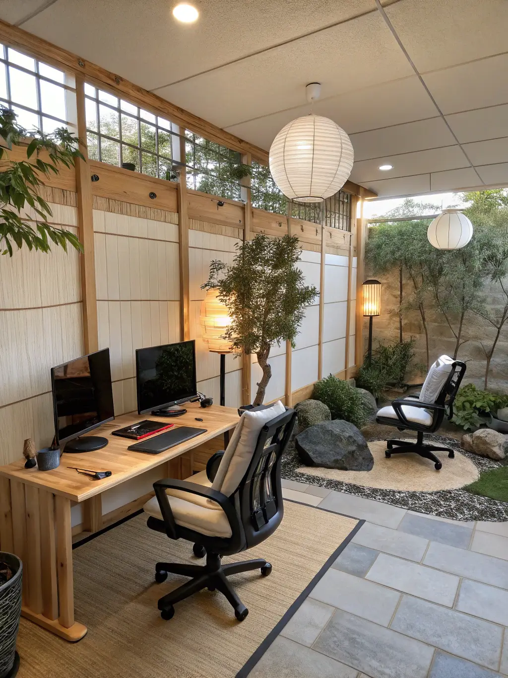 Zen gaming retreat with adjustable bamboo desks, ergonomic chairs, living wall garden, smart lighting, and meditation corner with bonsai trees and stones, all lit by paper lanterns.