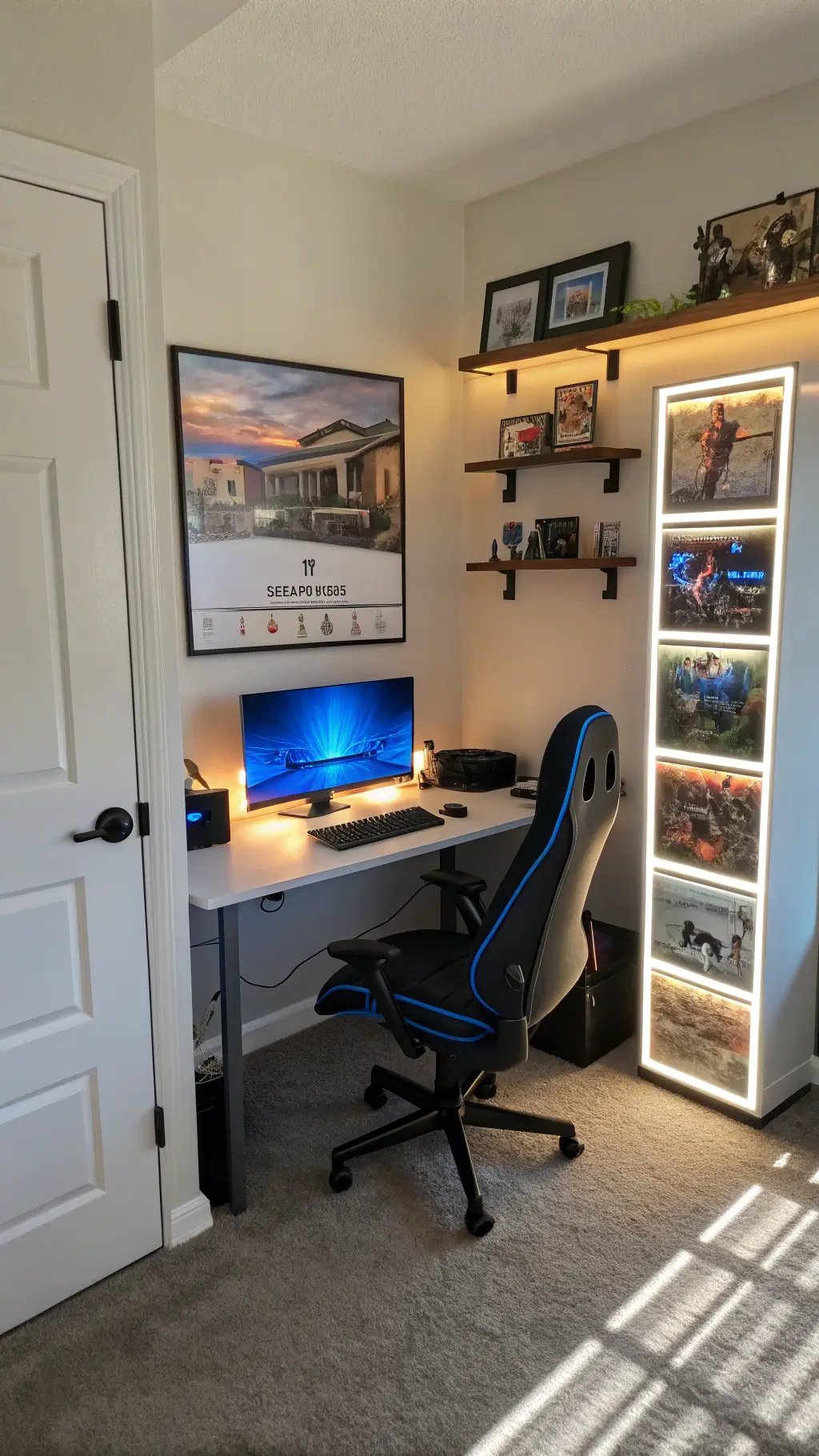 A cozy and well-lit 12x12ft teen game room featuring a corner desk with LED lighting, a single 27-inch monitor with a secondary vertical display, a racing-style gaming chair in electric blue, a wall adorned with gaming artwork, and floating shelves showcasing a console collection.