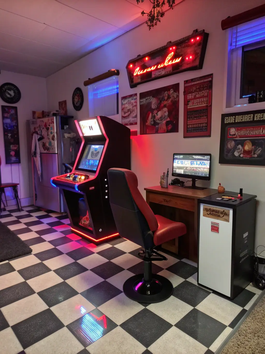 Vintage-style 16x16ft gaming arcade at night featuring arcade cabinet-inspired desks with LED lighting, classic gaming chairs in premium automotive leather, neon sign art, vintage gaming posters on walls, and a checkerboard floor leading to a mini-fridge designed as an arcade cabinet.