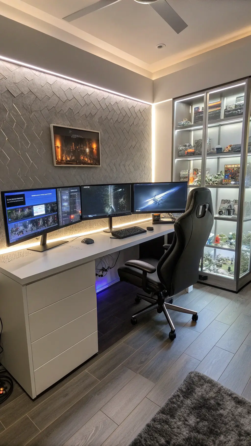 Luxurious 18x14ft gaming lounge with brushed aluminum custom desk, quad monitor setup, premium leather chair, programmable ambient lighting, high-end collectible display cases, and textured wall panels, shot from a corner at dusk.