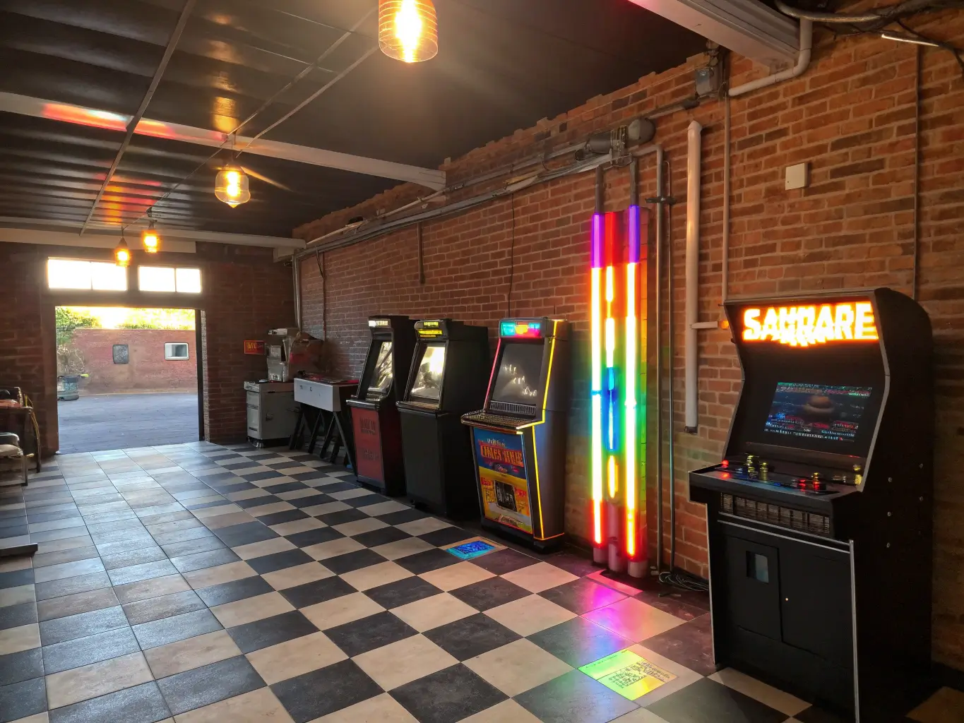 Vintage arcade cabinets lining exposed brick walls in a 12x15ft retro-converted garage with neon tube lighting, checkerboard flooring, and a custom-built gaming station in golden hour lighting.