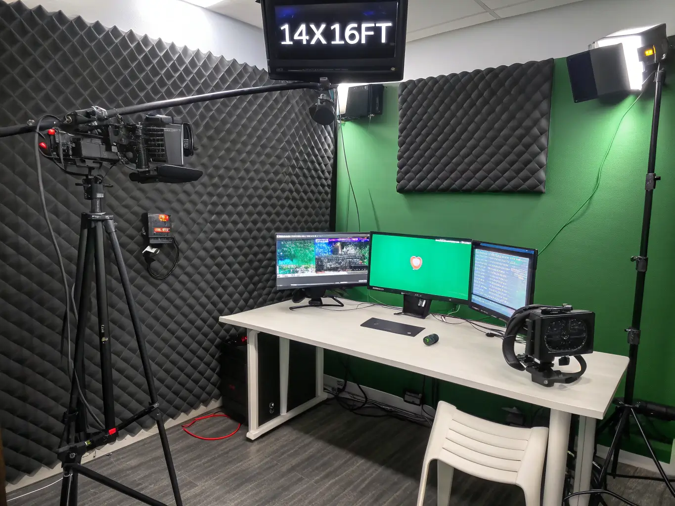 Professional streaming studio featuring sound-dampening hexagonal panels, ring lights, a green screen, dual ultrawide monitors, custom LED name sign, and cable management system hidden in white desk legs.