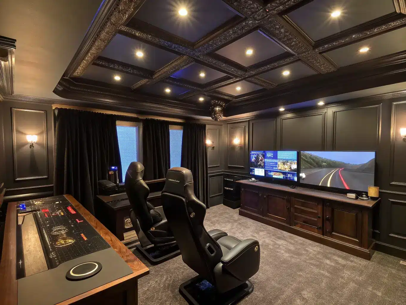 Spacious luxury gaming suite featuring multiple gaming zones, racing sim setup, premium leather chairs, a wet bar with festive lighting, and automated blackout curtains, beautifully highlighted with custom LED inlays and multiple light sources for depth.
