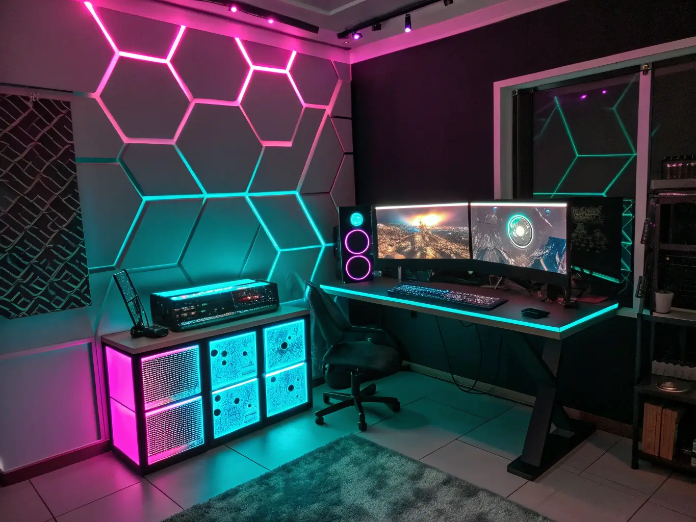 Neon lit cyberpunk battle station with custom-built desk and floating monitor array in a dark 15x20ft room.