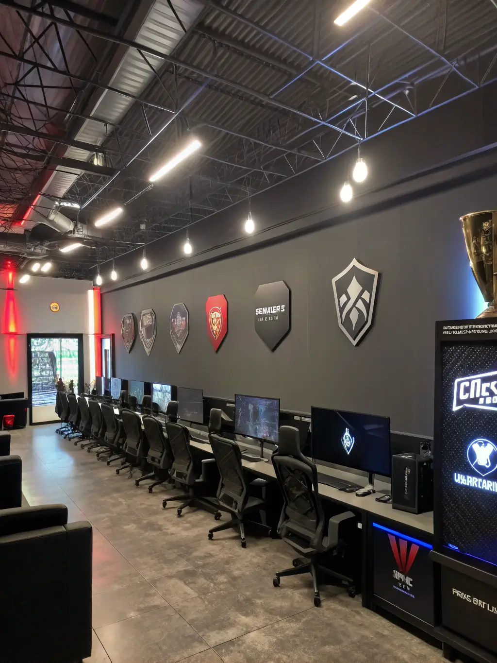 Overhead view of a 20'x24' professional eSports Training Center with rows of gaming stations, backlit team logos on walls, trophy display filled with awards under dramatic spotlighting, geometric sound dampening panels, and track lighting focused on stations.