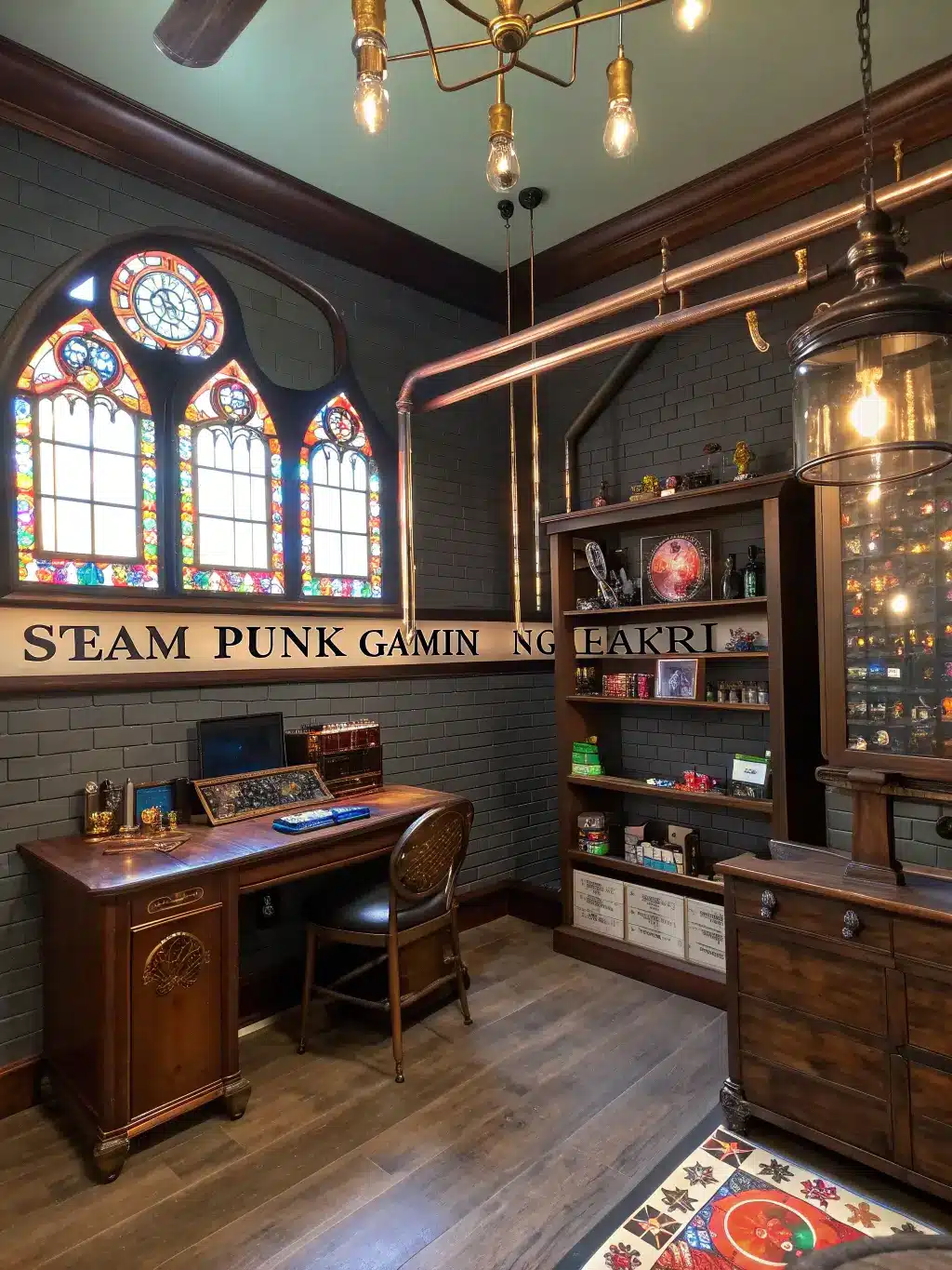 Victorian-style gaming lair with copper pipe shelves holding gaming memorabilia, an antique wooden desk rigged for modern gaming, a game-themed Edison bulb chandelier, and leather and brass accents, illuminated by afternoon light through stained glass, with a shot from the corner showcasing height and architectural elements.