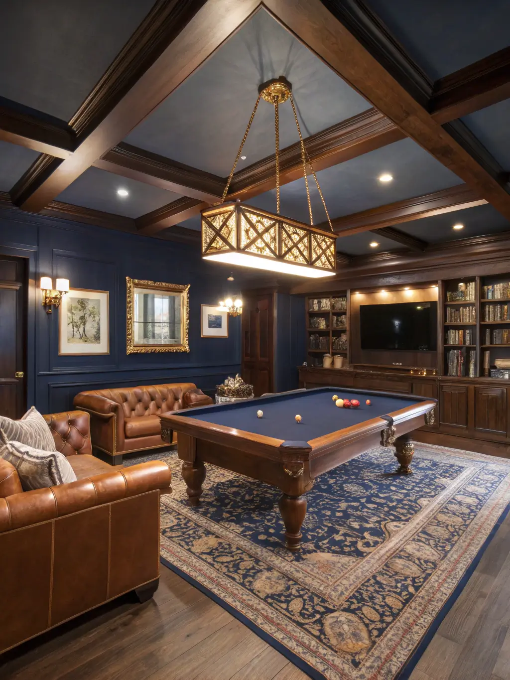 Elegant basement game room with navy walls, wooden beams, a mahogany billiards table, brass chandelier, leather furniture, vintage games display, and bar area, bathed in golden hour light.