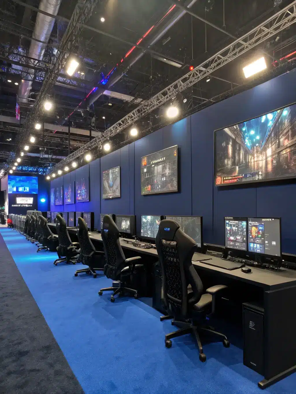 Professional-grade competitive gaming arena with acoustic treatment, ergonomic chairs at gaming stations, live gameplay on LED wall displays, custom brushed aluminum cable management, anti-static midnight blue flooring, programmable lighting zones, and a high-mounted camera.