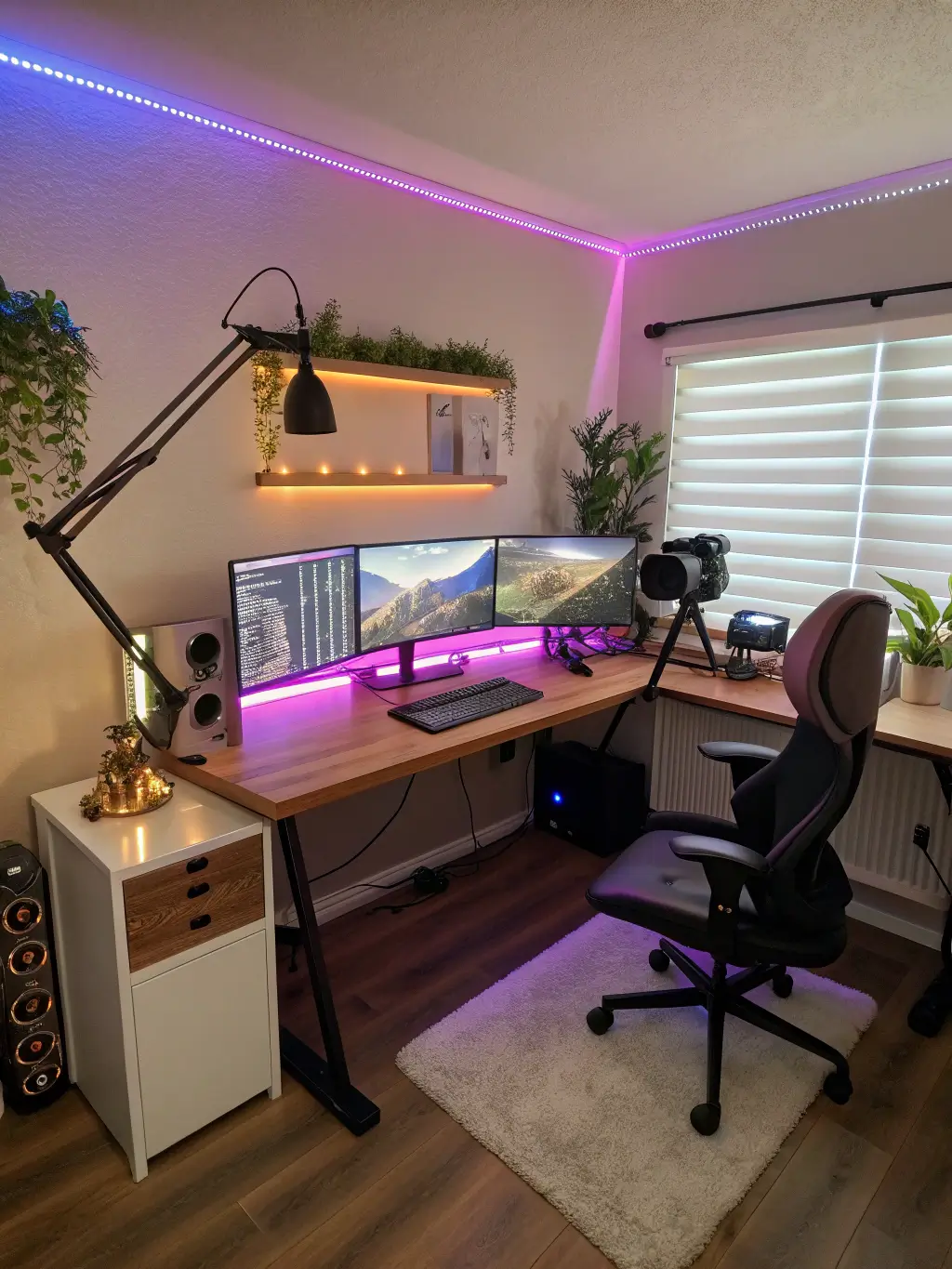 Streamer's corner in a 6x8ft alcove featuring triple monitor setup, wooden desk with purple glowing resin river inlay, mounted Elgato Stream Deck, Nanoleaf panels, DSLR camera, professional microphone, succulent plants and a high-end gaming chair, shot from above in early morning light mixed with warm LED.