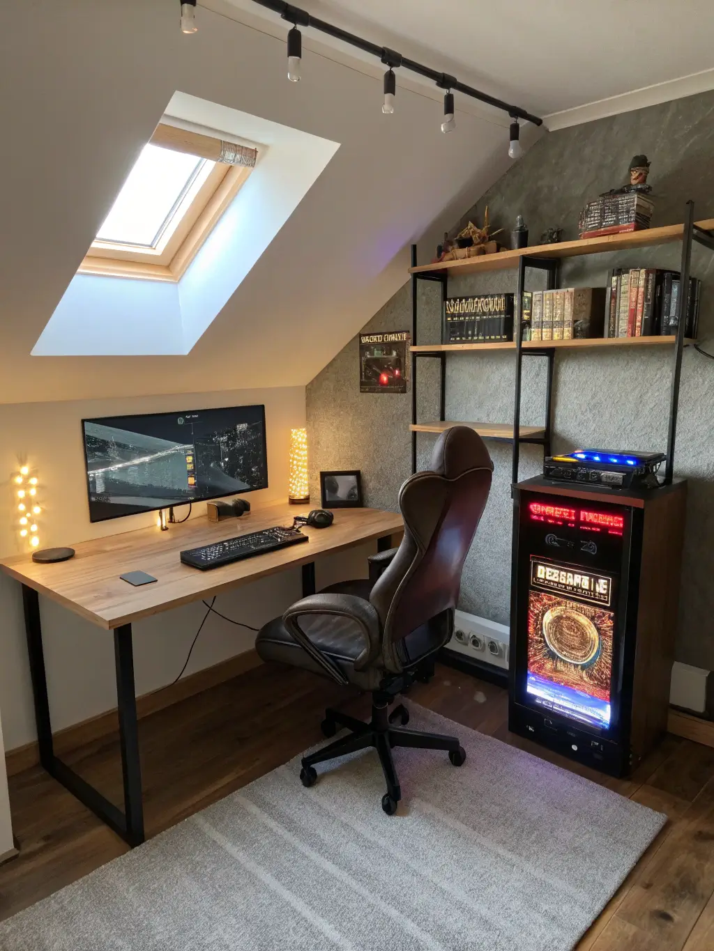 Retro-modern gaming loft with skylight, LED tubes, L-desk setup with floating shelves displaying classic gaming consoles, vintage gaming chair and a gaming PC in a retro beige case, also featuring a restored arcade cabinet with LED mod.