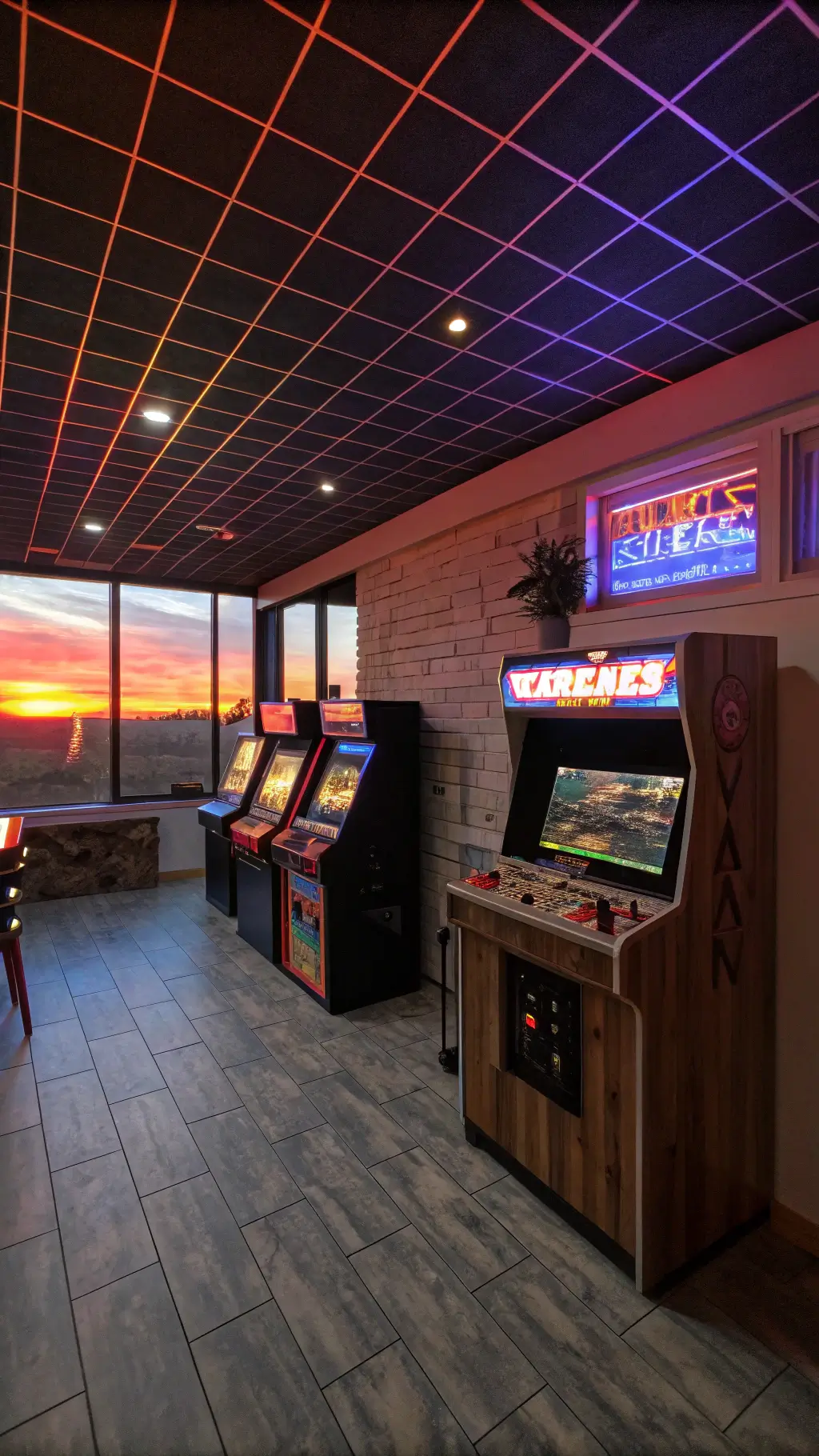 Vintage-modern gaming room with arcade cabinets, LED grid ceiling, custom gaming station, neon signs and a mix of chrome, wood, and modern materials, bathed in sunset glow.