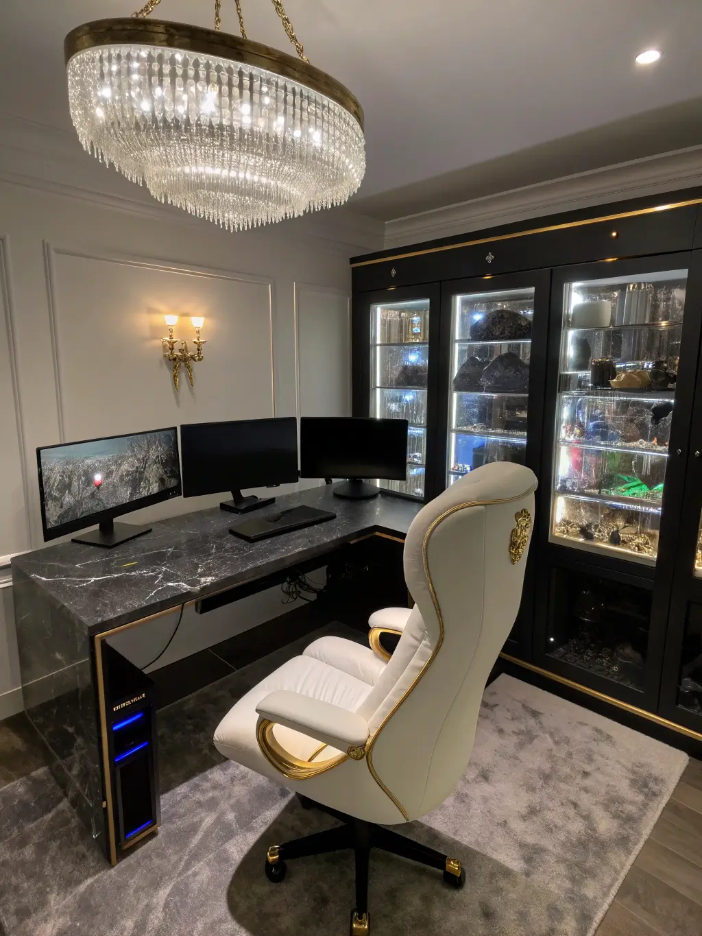 Luxurious 20x15ft gaming studio at midnight featuring a black marble desk with triple monitors, a crystal chandelier with color-changing LEDs, a white leather gaming chair with gold accents, and backlit display cases for collectibles emphasizing premium materials and lighting.