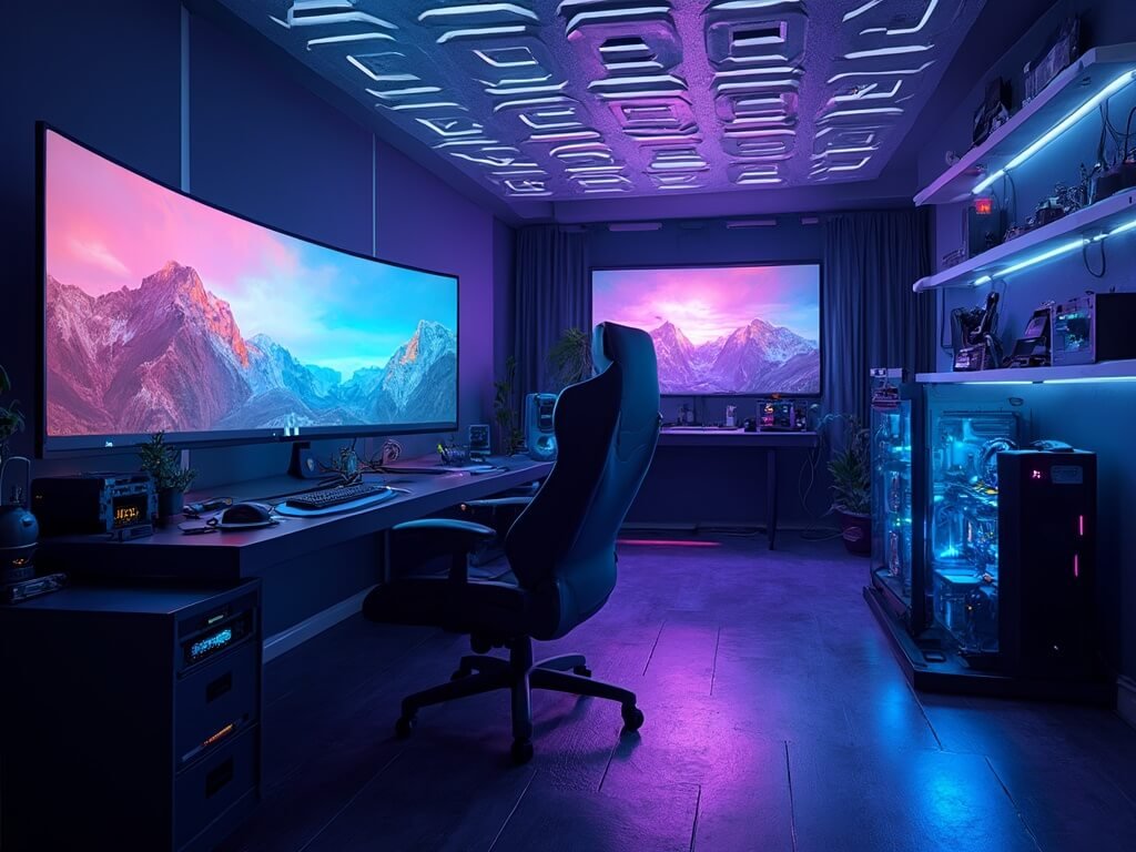 "Cyberpunk themed high-end gaming room with RGB lighting, curved monitor, floating desk, professional streaming setup, and custom water-cooled PC."