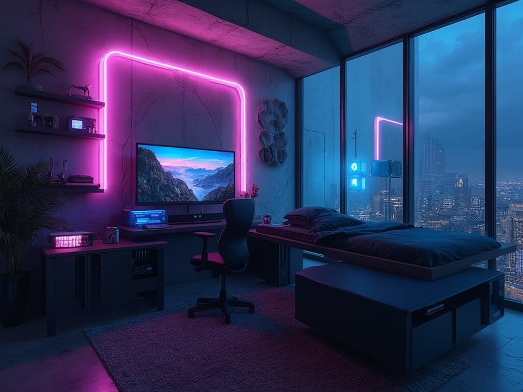 "Cyberpunk-inspired gaming bedroom with ultrawide monitor, LED lights, custom-built desk, ergonomic chair, elevated platform bed, collector's figurines, wall-mounted PC and hexagonal wall panels."