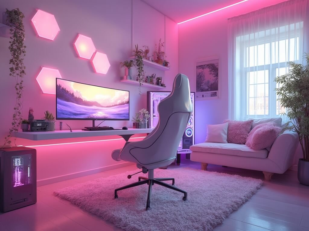 "Dreamy modern gaming setup in a cyberpunk-themed bedroom with pink and purple ambient lighting, customized PC with liquid cooling, curved monitor, kawaii artwork, anime figurines and glowing LED wall panels."