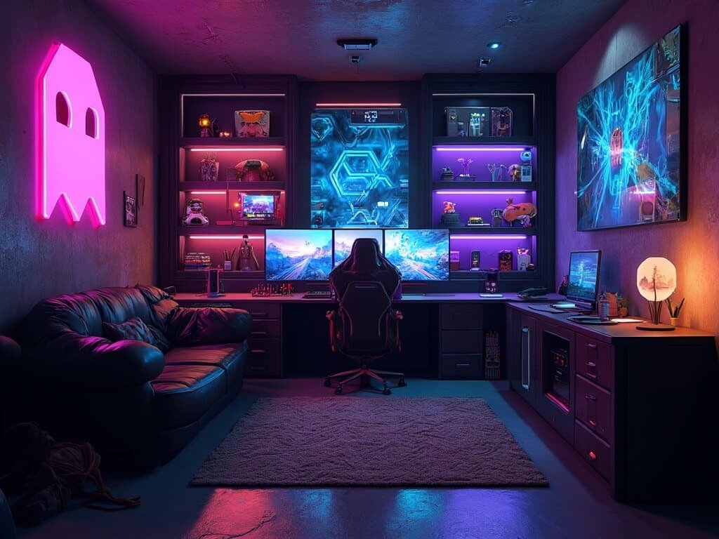 "Ultra-detailed image of a luxurious, cyberpunk-retro gaming room with a central ultrawide monitor setup, vintage arcade cabinets, illuminated gaming memorabilia, a large leather sofa, a Pac-Man ghost lamp, perfect cable management, Nanoleaf panel designs, refined textures on a gaming chair, and professional depth of field focusing."