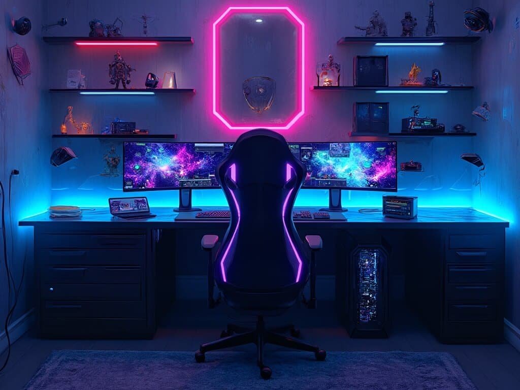 "Futuristic cyberpunk gaming setup featuring triple monitors, custom PC, LED-lit black desk and chair, with collectibles on illuminated shelves."