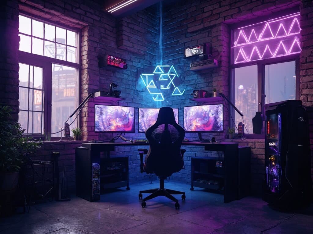 "High-tech gaming sanctuary with custom water-cooled PC, ultrawide monitor setup, ambient lighting, advanced streaming equipment, and a view of a cyberpunk city."