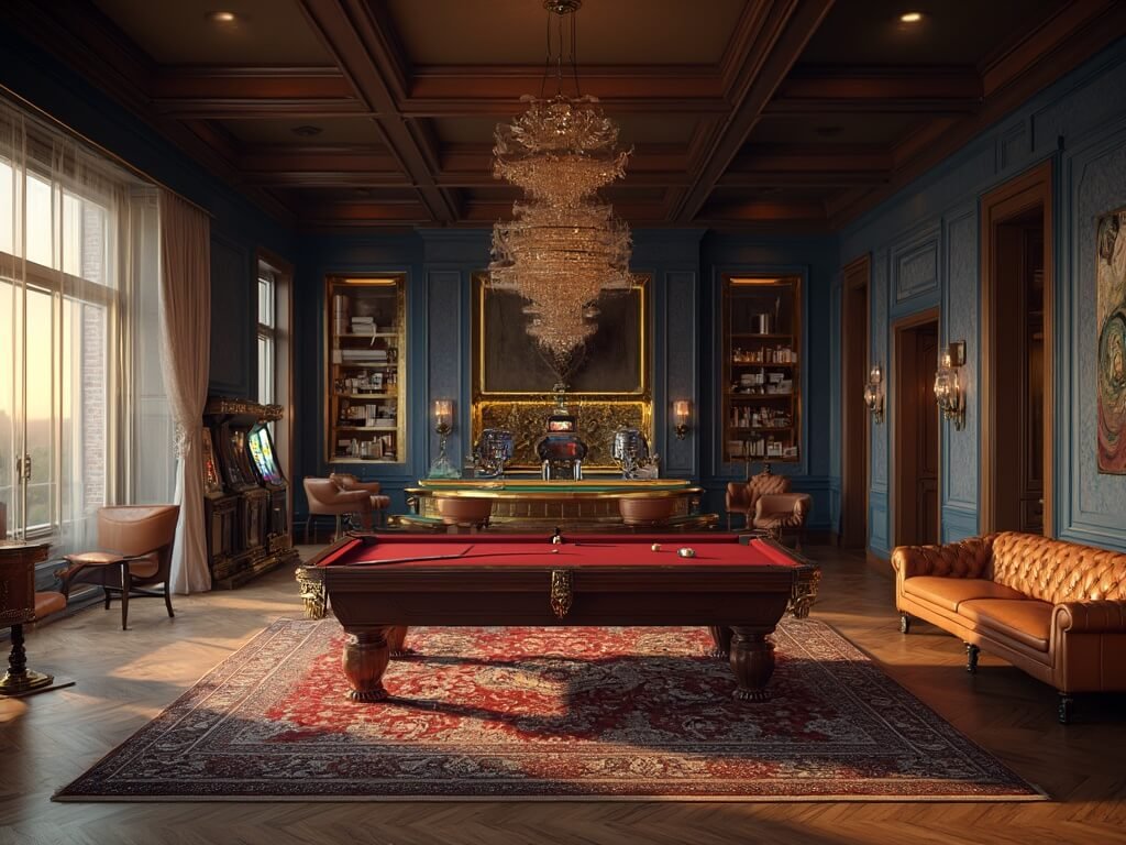 "Luxurious game room at sunset featuring mahogany billiards table, vintage arcade cabinets, poker table, wet bar, high-end gaming stations, and curated gaming memorabilia."