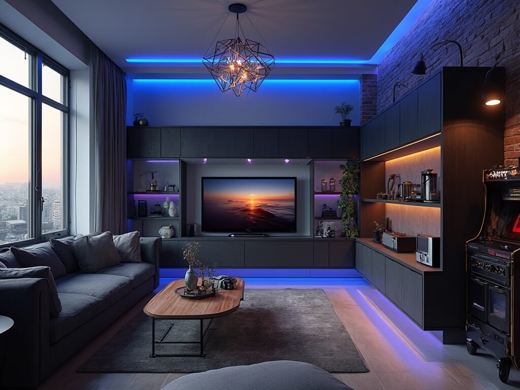 "Modern compact gaming room bathed in golden hour light, featuring matte black gaming station, LED lighting, multifunctional table, and chic decor details."