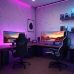 "Luxurious couple's gaming room with dual monitors, RGB lighting, acoustic wall panels, high-end gaming chairs, and LED-lit collectibles at golden hour"