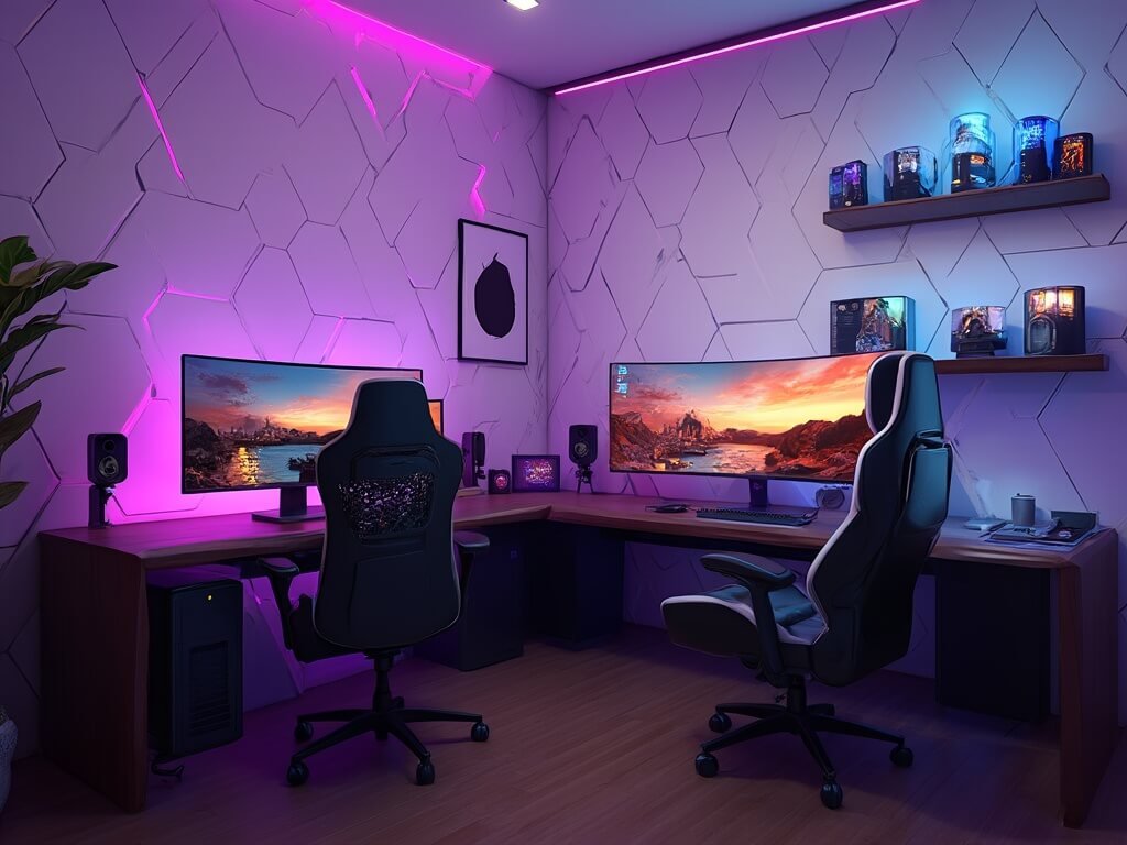 "Luxurious couple's gaming room with dual monitors, RGB lighting, acoustic wall panels, high-end gaming chairs, and LED-lit collectibles at golden hour"