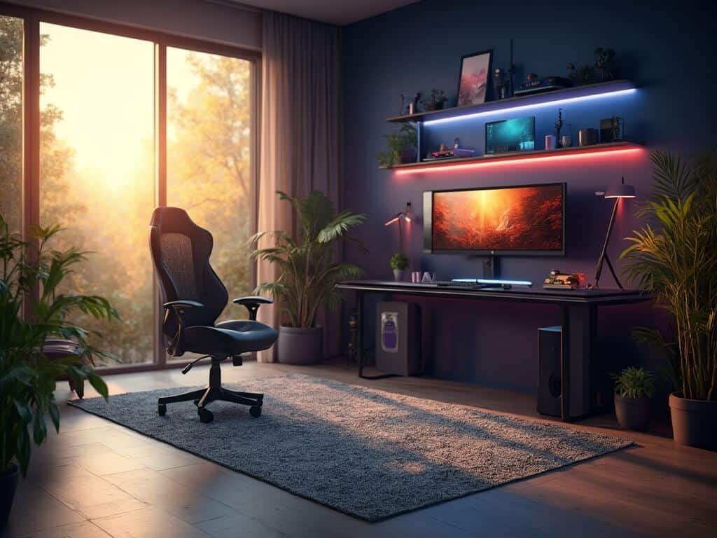 "Modern gaming sanctuary illuminated by golden hour sunlight, featuring ergonomic setup and meticulous design details, photographed in high-resolution, architectural style."