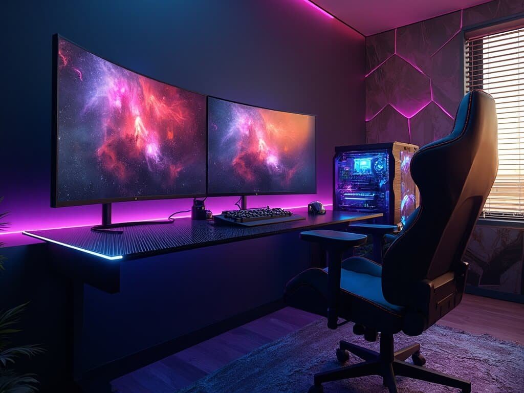 "Modern gaming sanctuary with ultrawide monitor setup, LED lighting, custom water-cooled PC, and minimalist design."