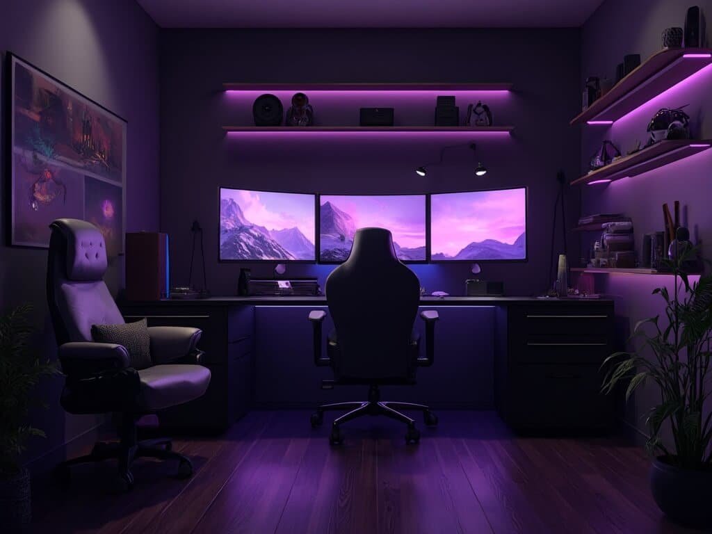 "Modern gaming sanctuary with ultrawide curved monitor, LED ambient lighting, minimalist shelves with collector's items, high-end ergonomic gaming chair and cable-free setup."